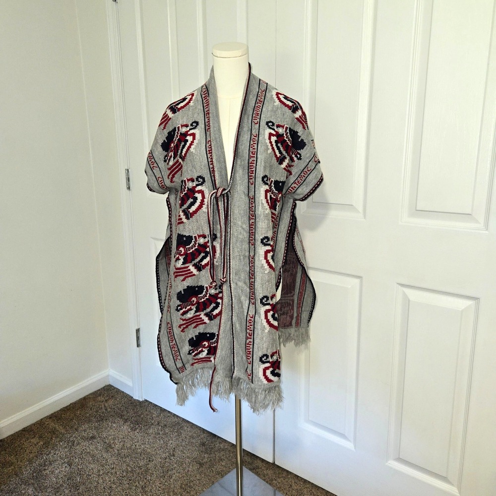 Unbranded Cuauhtemoc Aztec Poncho Unisex OS Grey Red Navy Knit Fringe Wrap